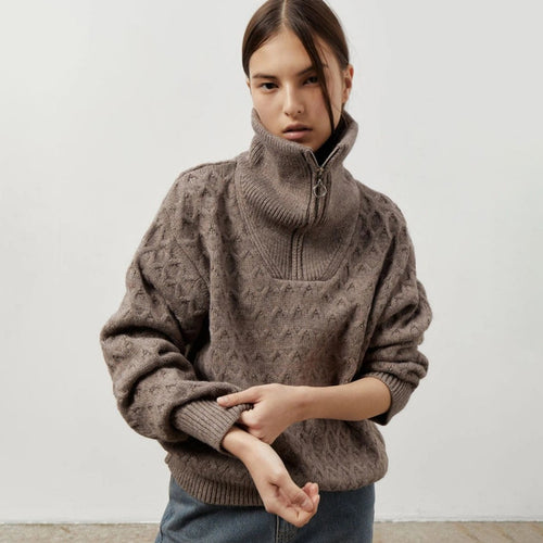 Women Knitted Patterned Sweater with High Collar and Half-Zip Amarae