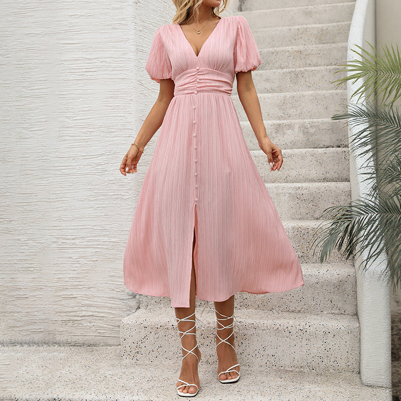 Lune London women's puff sleeve pleated maxi dress with button closure