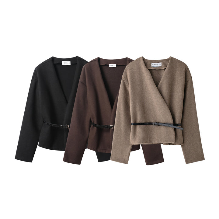 Women's short wrap coat made of wool blend with deep shawl collar and narrow waist belt Amarae