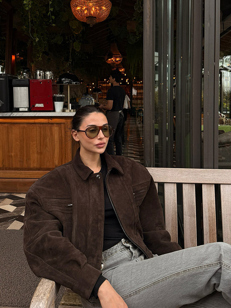 Women's Short Suede Bomber with Elastic Waist and Dropped Shoulder Amarae