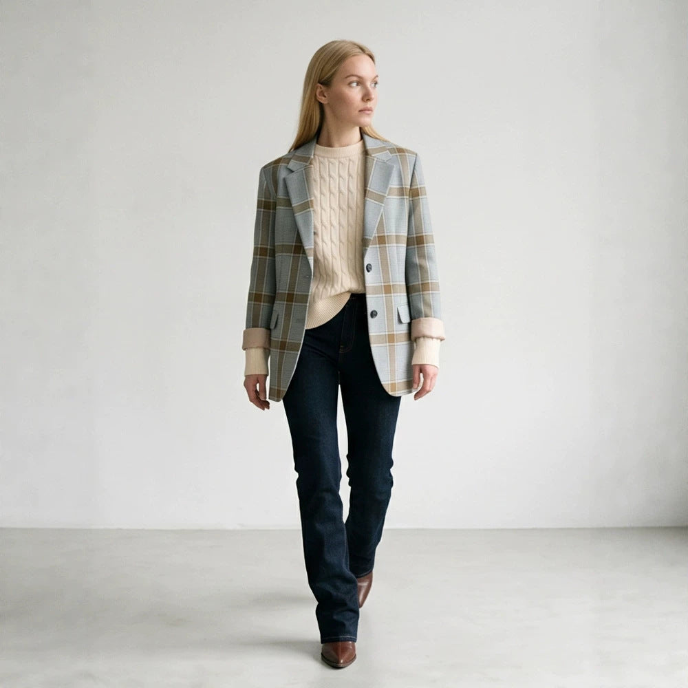 Women Oversize Check Blazer in Glencheck with boxy silhouette and falling lapels Amarae