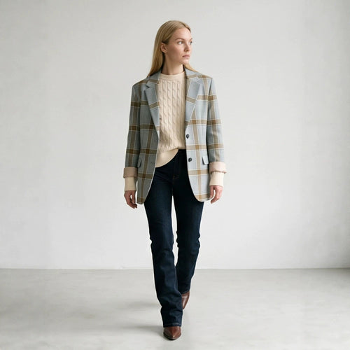 Women Oversize Check Blazer in Glencheck with boxy silhouette and falling lapels Amarae