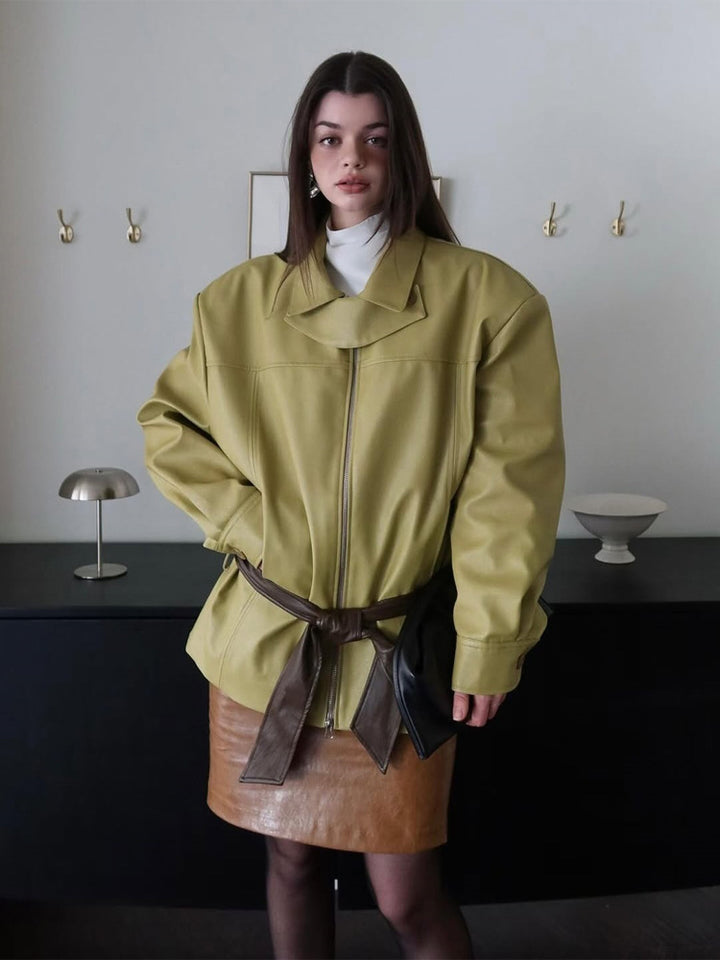 Women's Boxy Faux Leather Jacket with High Stand Collar, Front Zip and Waist Belt Amarae