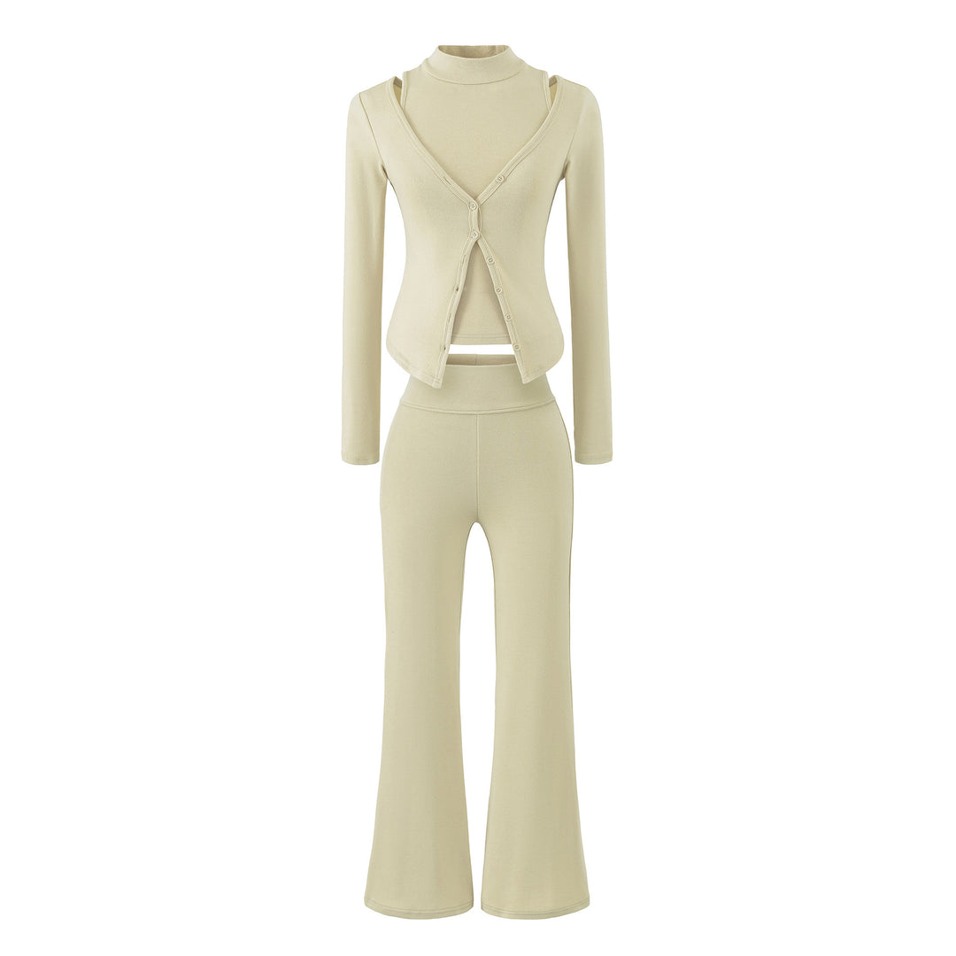 Women Figure-Hugging Layering Set with Turtleneck Long Sleeve and Asymmetrical Button Jacket and Flared High-Waist Pants Amarae