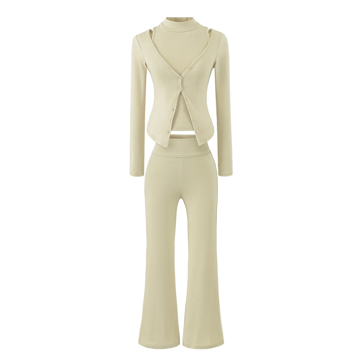 Women Figure-Hugging Layering Set with Turtleneck Long Sleeve and Asymmetrical Button Jacket and Flared High-Waist Pants Amarae
