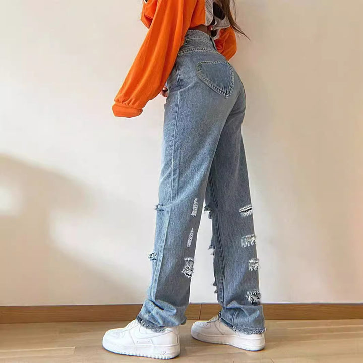 Women's High-Waisted Baggy Jeans in Vintage Ripped Design with Wide Leg and Frayed Hem Amarae