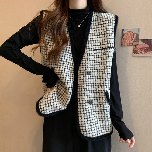 Gilet tricoté élégant pour femme avec motif à carreaux et design de poche pratique Chic & Stil
