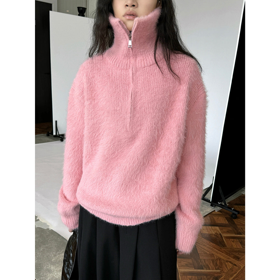 Women's fluffy stand-up collar sweater with half zipper Amarae