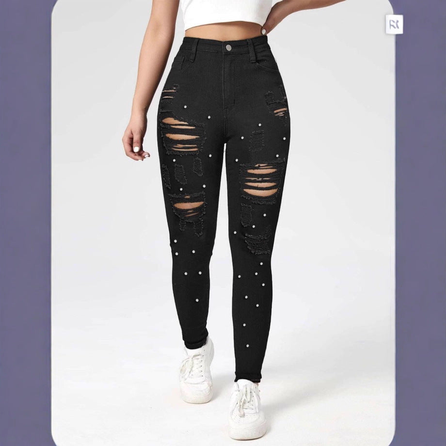Women High-Waisted Ripped Skinny Jeans with Pearl Decoration and Sculpting Effect Amarae