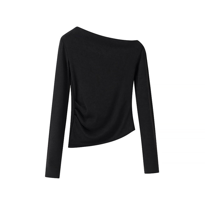 Women’s asymmetrical fine knit top with off-the-shoulder neckline and gathered side panel Amarae