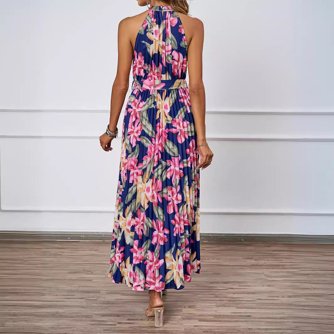 Ladies maxi dress with intricate pleating and stylish tie belt Lune London
