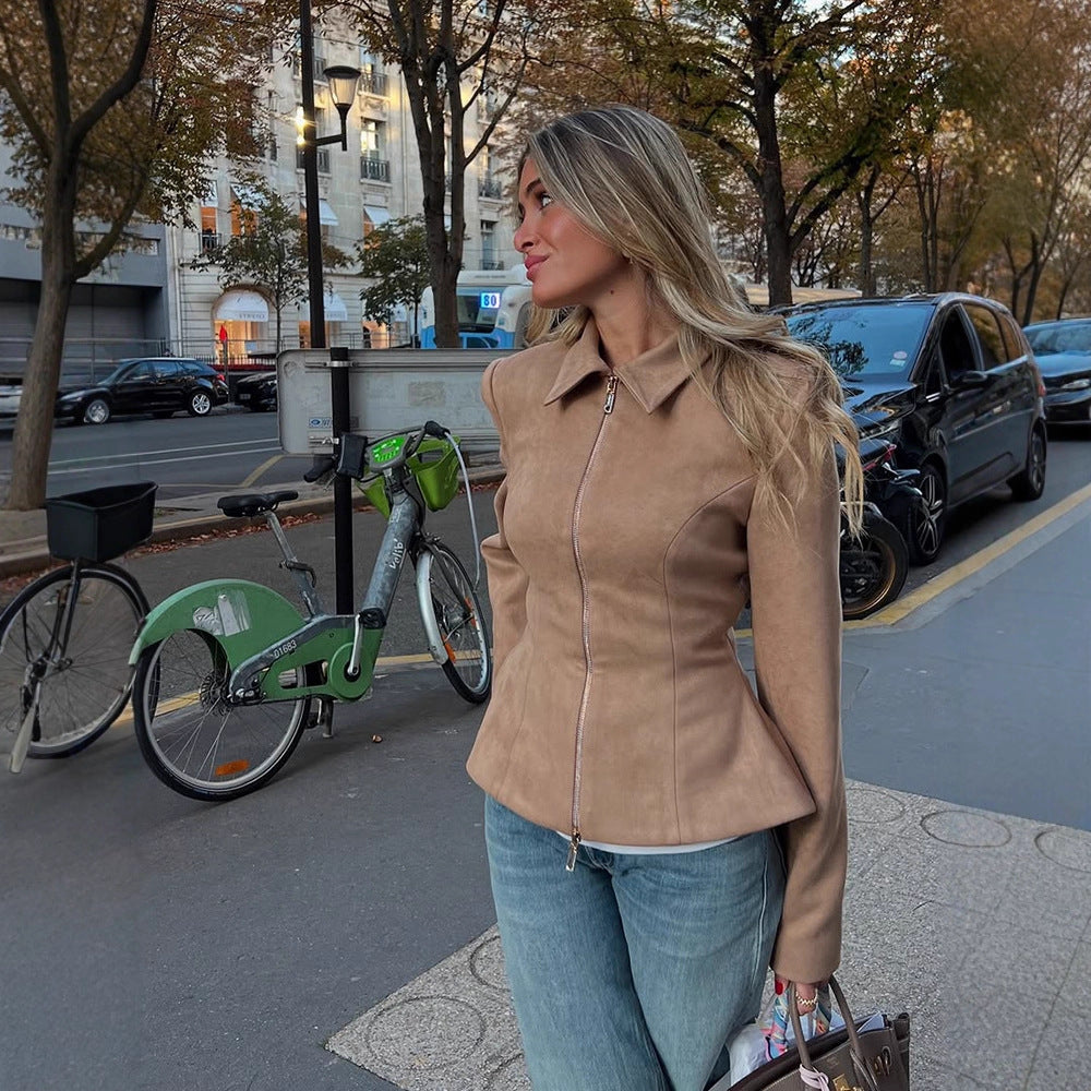 Women's Tailored Suede Look Jacket with Two-Way Zipper Amarae