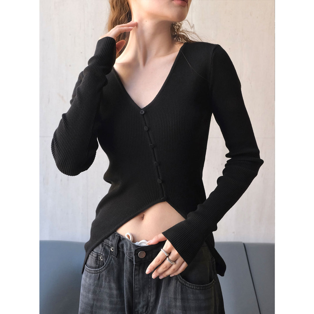 Women fitted ribbed V-neck top with diagonal button placket and extended sleeves Amarae
