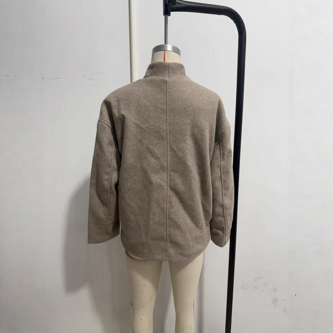 Women Short Double-Breasted Wool Blend Coat with Stand-Up Collar Amarae