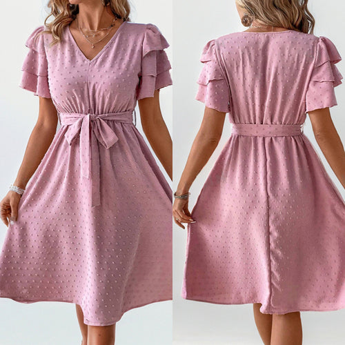 Elegant Woman Dress with Ruffled Sleeves V Neck Amarae