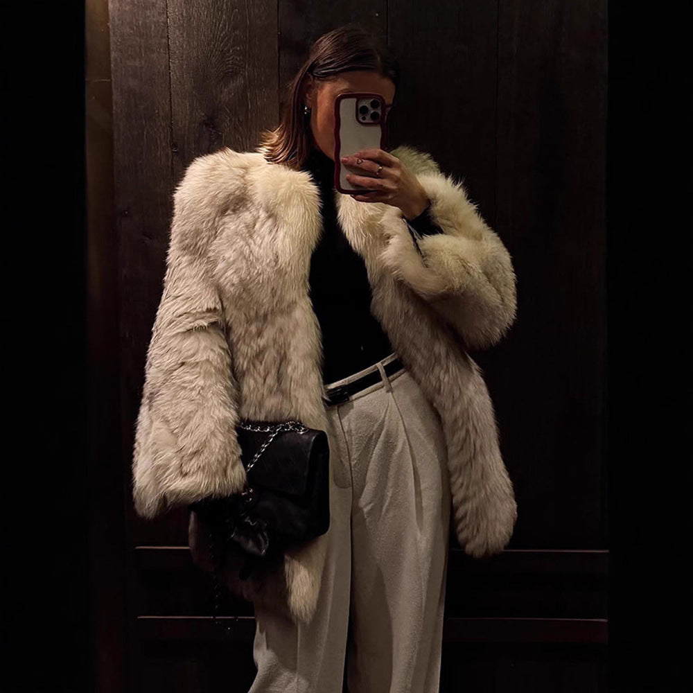 Women's Boxy Faux Fur Jacket with Textured Shag Look and Voluminous Shawl Collar Amarae