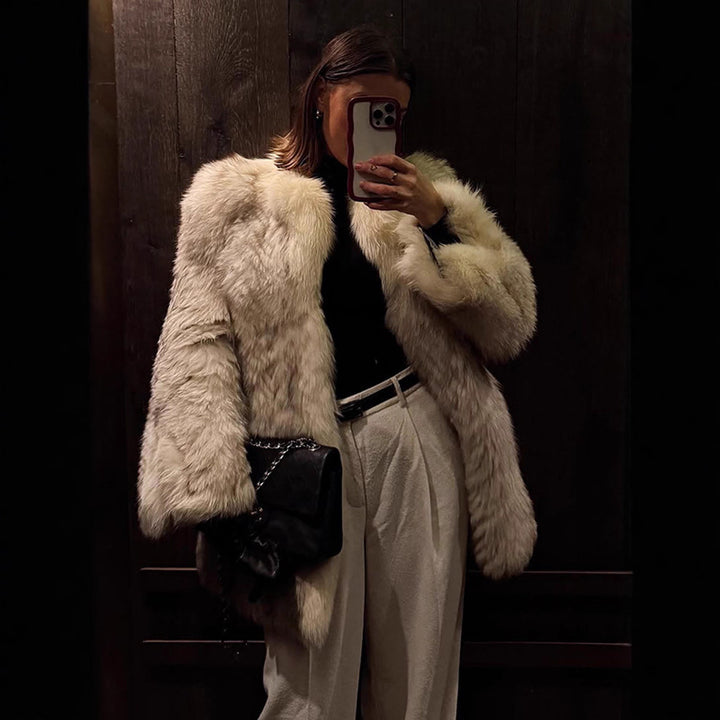 Women's Boxy Faux Fur Jacket with Textured Shag Look and Voluminous Shawl Collar Amarae