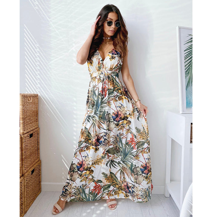 Maxi dress for women with tropical print and draped front detail Lune London