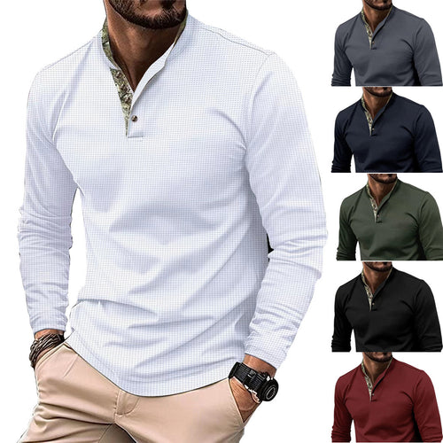 Men's long sleeve shirt with a modern stand collar and a subtle checked pattern Amarae
