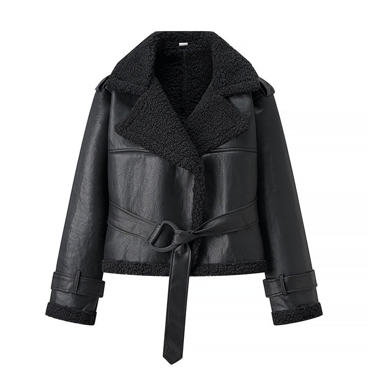 Women's synthetic leather jacket with fur collar and fitted cut Lune London
