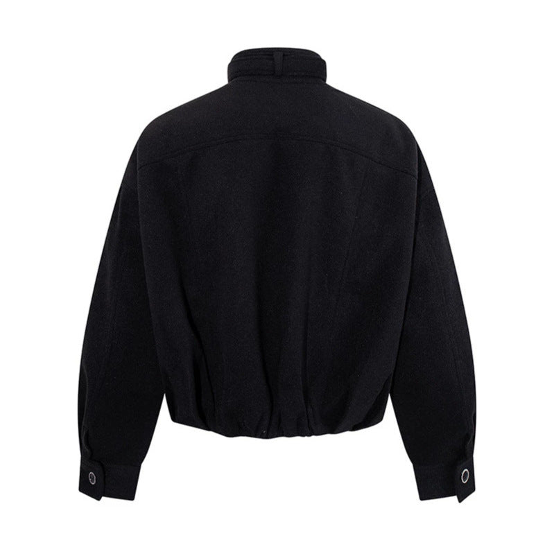 Women's short wool bomber jacket with high stand collar, waist belt and concealed zipper Amarae