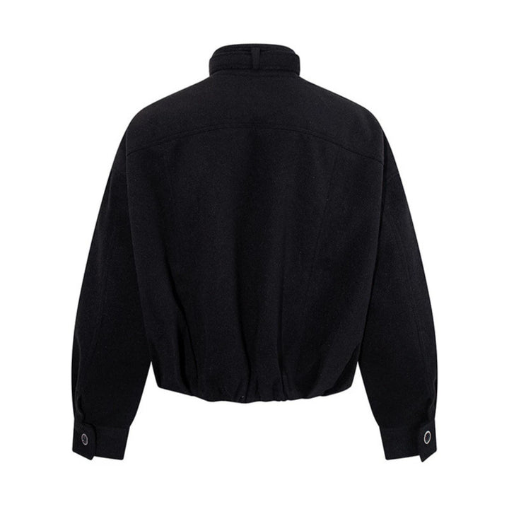 Women's short wool bomber jacket with high stand collar, waist belt and concealed zipper Amarae