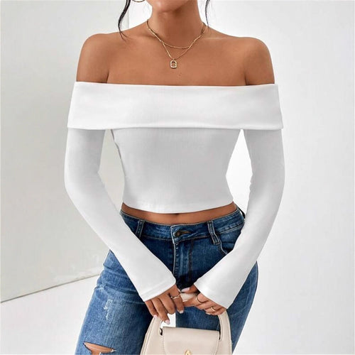 Ladies Off-shoulder top with long sleeves and fine ribbed texture Amarae