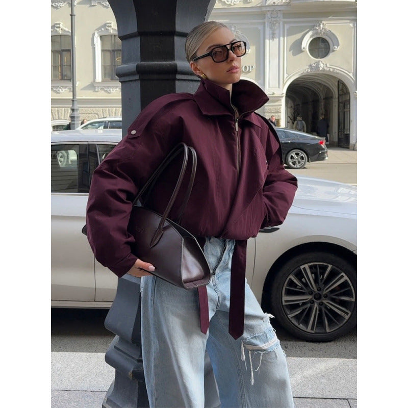 Women's short oversized bomber jacket with high stand-up collar, drawstring and shoulder flaps Amarae