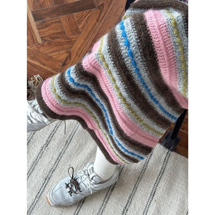 Women Striped Maxi Knit Skirt with High Waist and Fine Rib Structure Amarae
