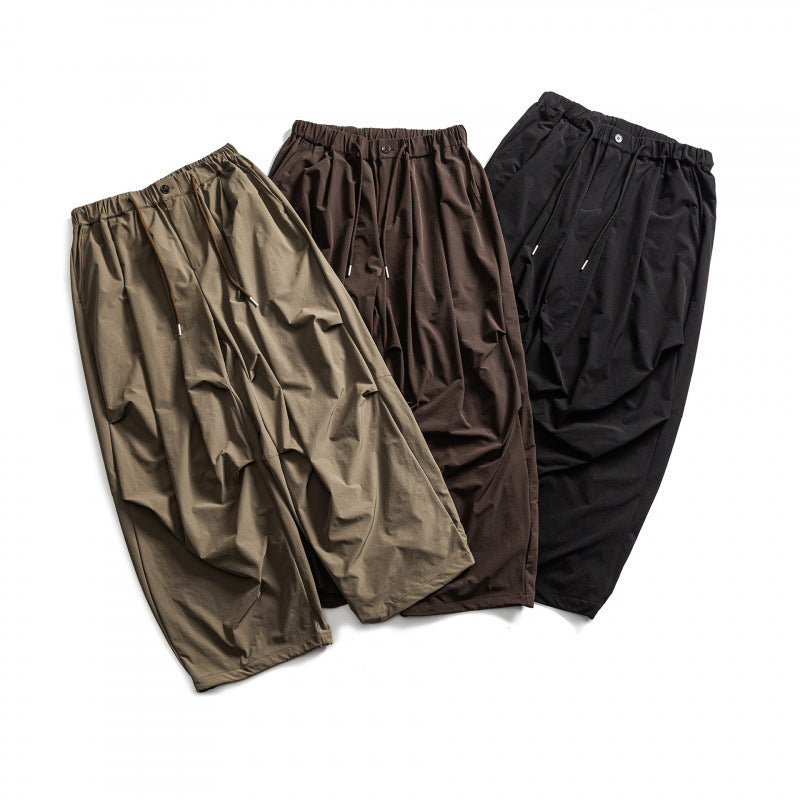Men's Wide Cropped Harem Pants with Pleat Look, Elastic Waistband and Drawstring Amarae