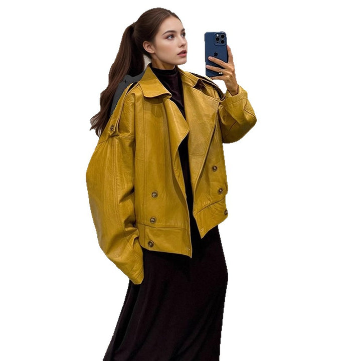 Women Oversize Leather Jacket with Voluminous Balloon Sleeves and Short Boxy Silhouette Amarae
