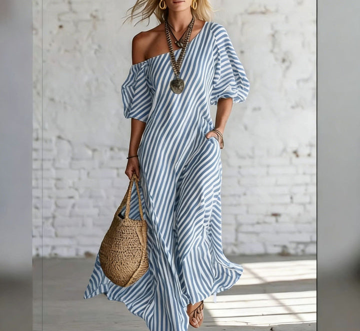 Women's maxi dress with asymmetric cut and striking stripes Lune London
