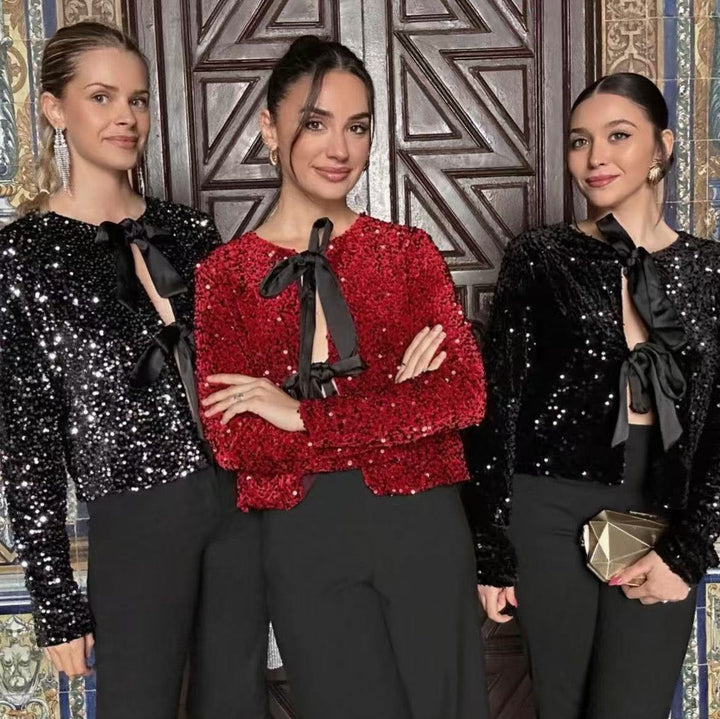 Women Sequin Cropped Jacket with Open Front Panels and Large Satin Ribbons Amarae