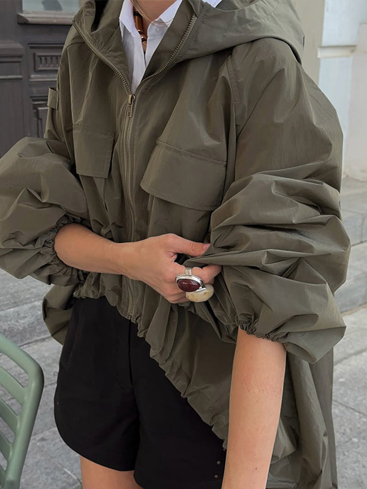 Women Oversized Utility Hooded Jacket with Drawstring, Flap Pockets and Elastic Cuffs Amarae