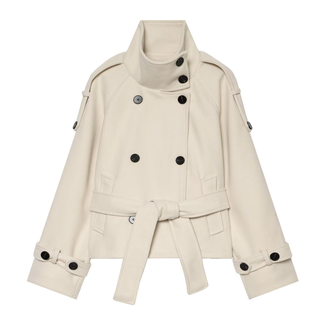 Ladies short cape jacket made of wool blend with high standing collar, double-breasted and tie belt Amarae