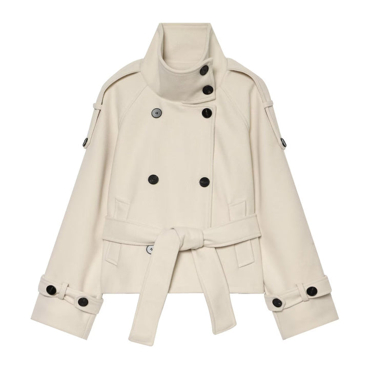 Ladies short cape jacket made of wool blend with high standing collar, double-breasted and tie belt Amarae