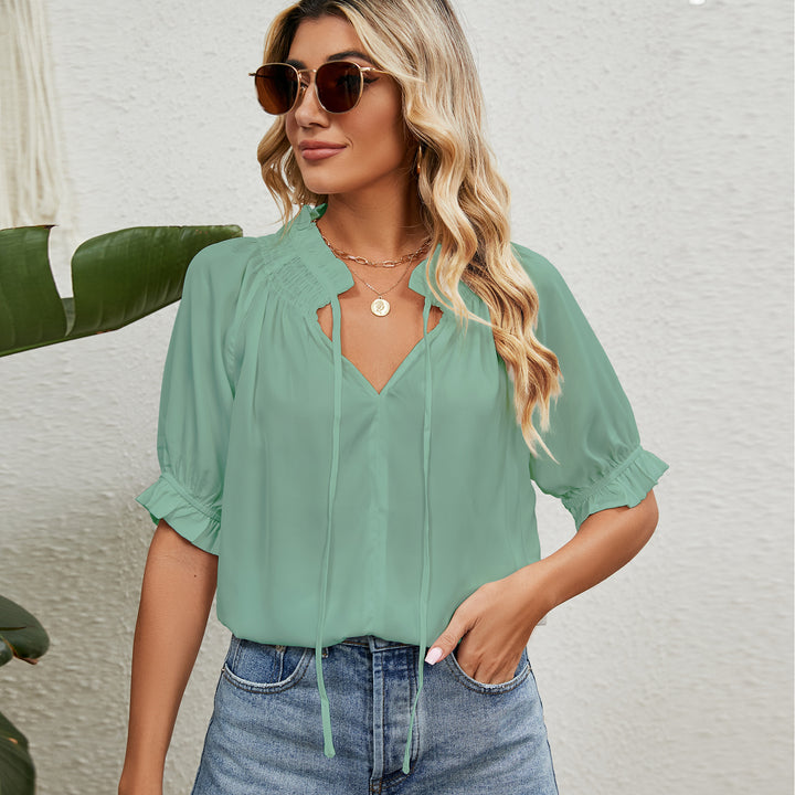 Blouse women with gathered collar and short sleeves Lune London