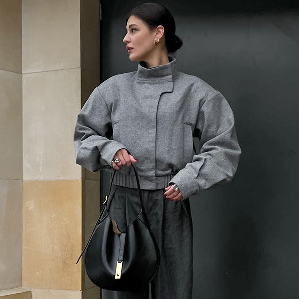 Stylish wool jacket for women with a high collar and balloon sleeves Lune London