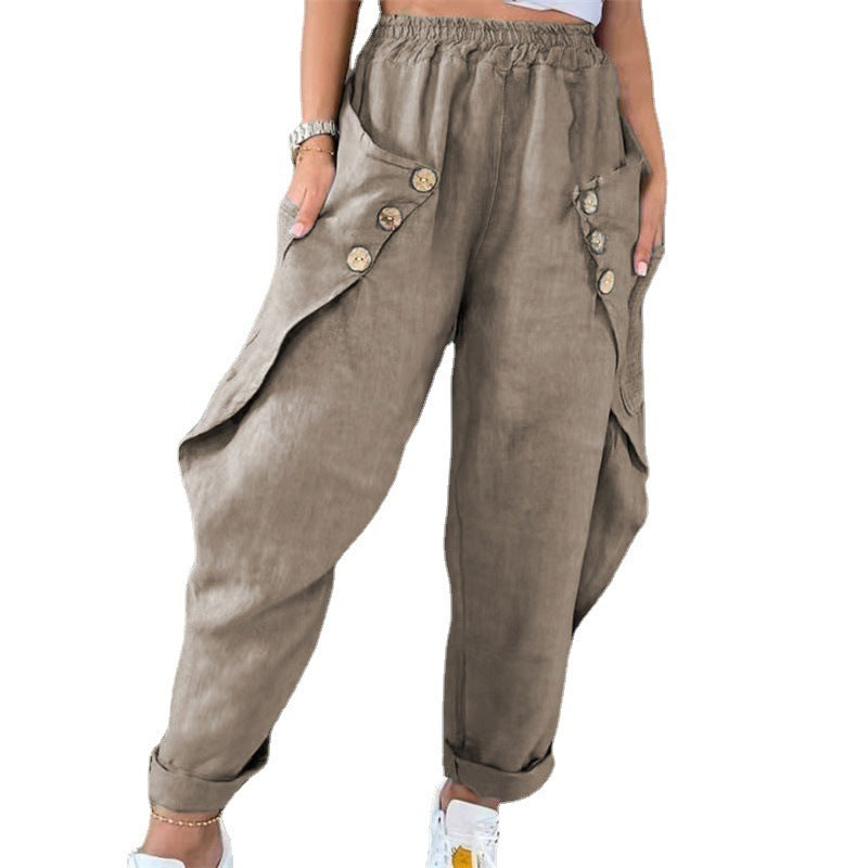 Casual summer pants for women with button details and practical side pockets Lune London