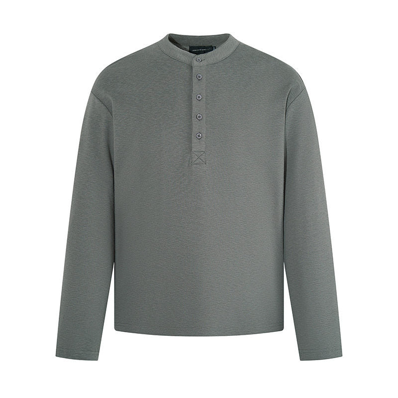Men's Long Sleeve Henley Shirt with Stand Collar and Button Closure made of Textured Jersey Amarae