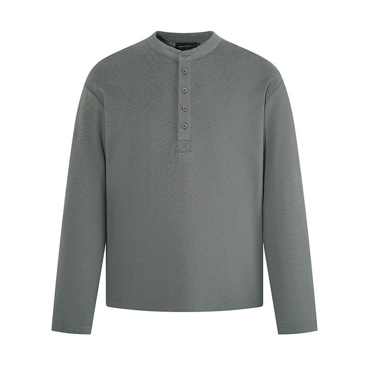 Men's Long Sleeve Henley Shirt with Stand Collar and Button Closure made of Textured Jersey Amarae