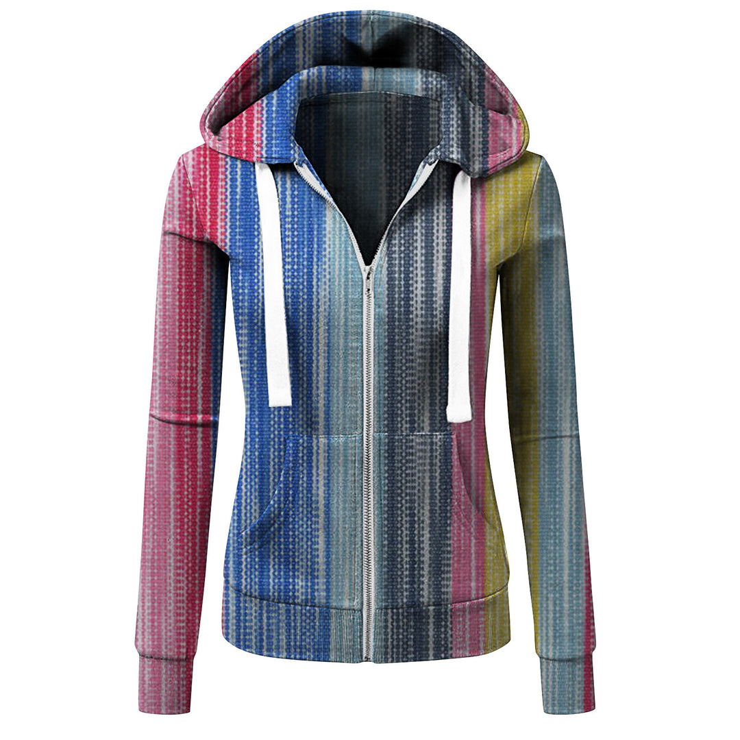 Women's Striped Hooded Jacket with Zipper, Kangaroo Pocket and Drawstring Amarae