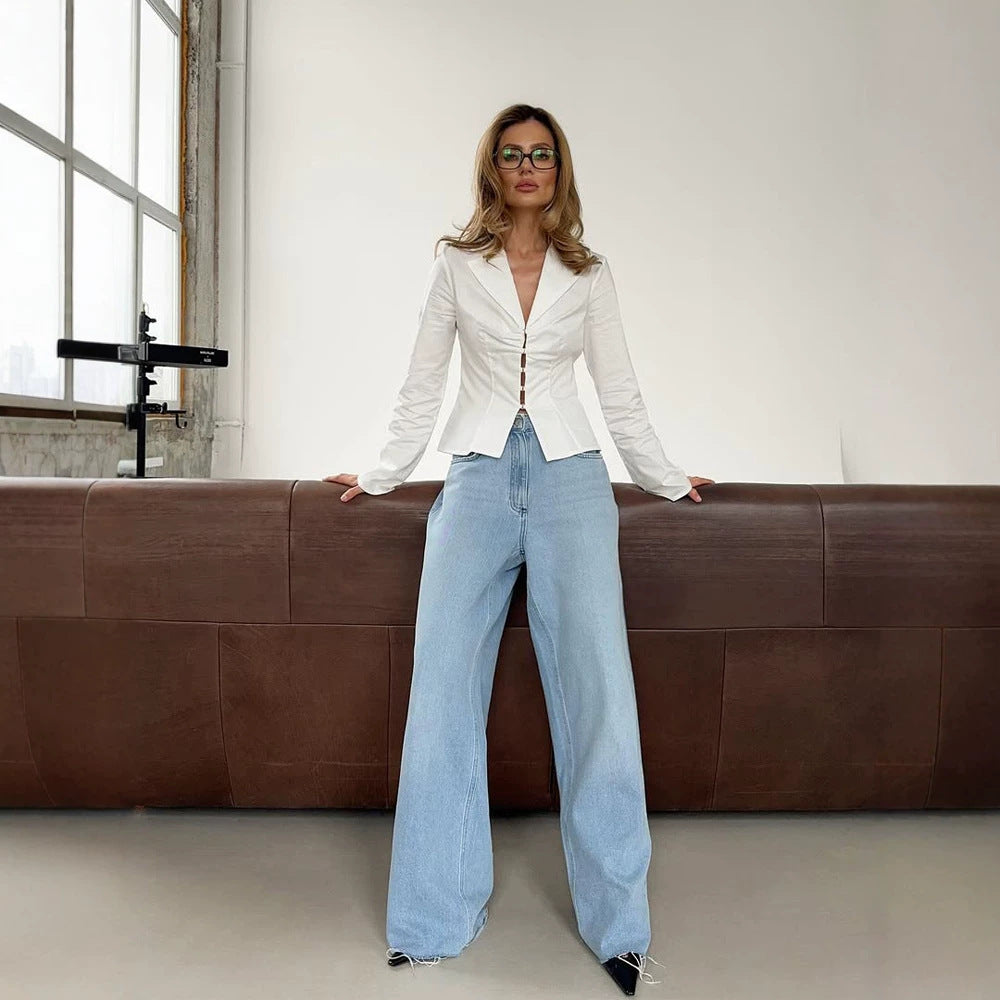 Women's Tailored Poplin Shirt Blouse with Corset Seams & Hook Front Amarae