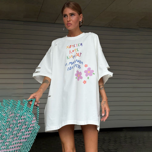 Oversized T-shirt dress for women with a unique graphic tear design Amarae