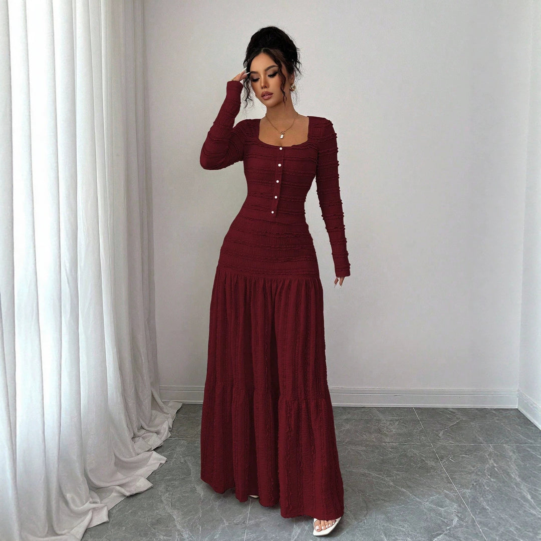 Women's Figure-Hugging Ruffle Maxi Dress with Square Neckline and Button Placket Amarae
