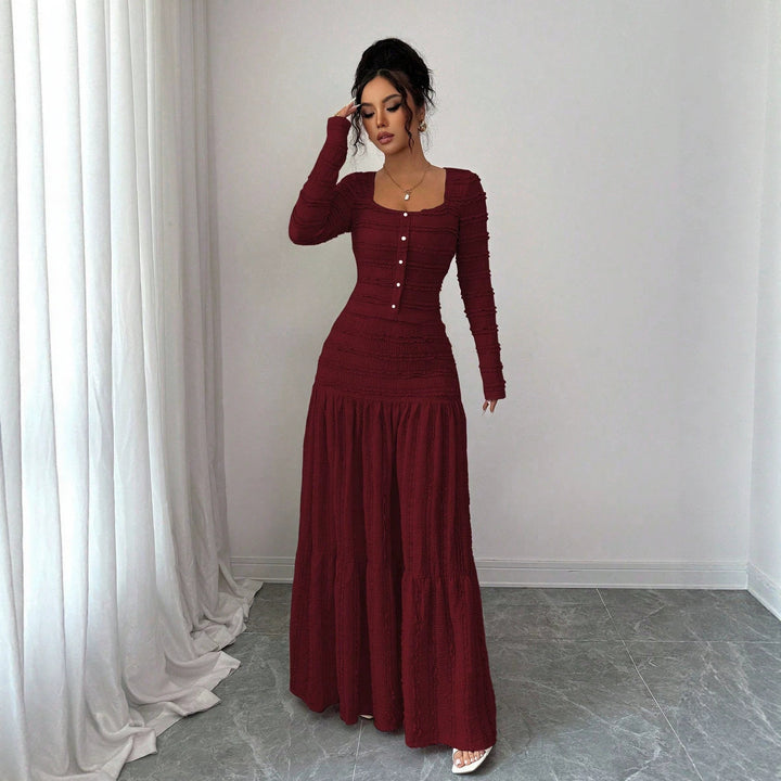 Women's Figure-Hugging Ruffle Maxi Dress with Square Neckline and Button Placket Amarae