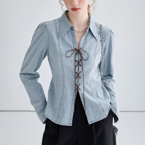 Elegant denim blouse for women with lace closure Amarae