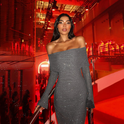 Amarae off-shoulder sparkling evening dress