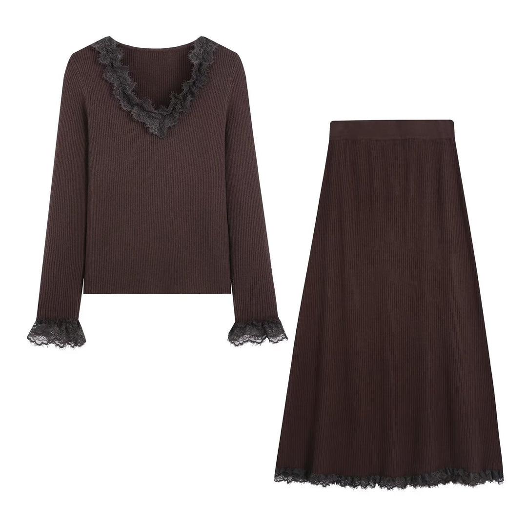 Women Two-Piece Ribbed Knit Set with Lace Trim Amarae
