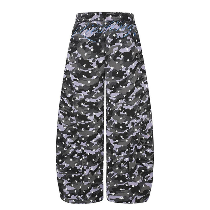 Women's casual palazzo pants in balloon cut with camouflage star print and adjustable hem drape